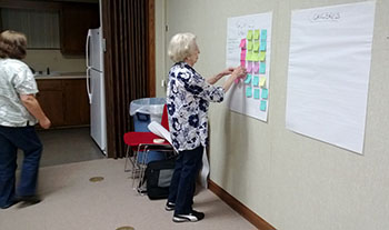Woman placing sticky notes onto a flip chart