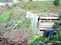 wooden composter beside a vegetable garden.