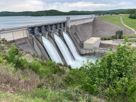 Water flowing through a dam.