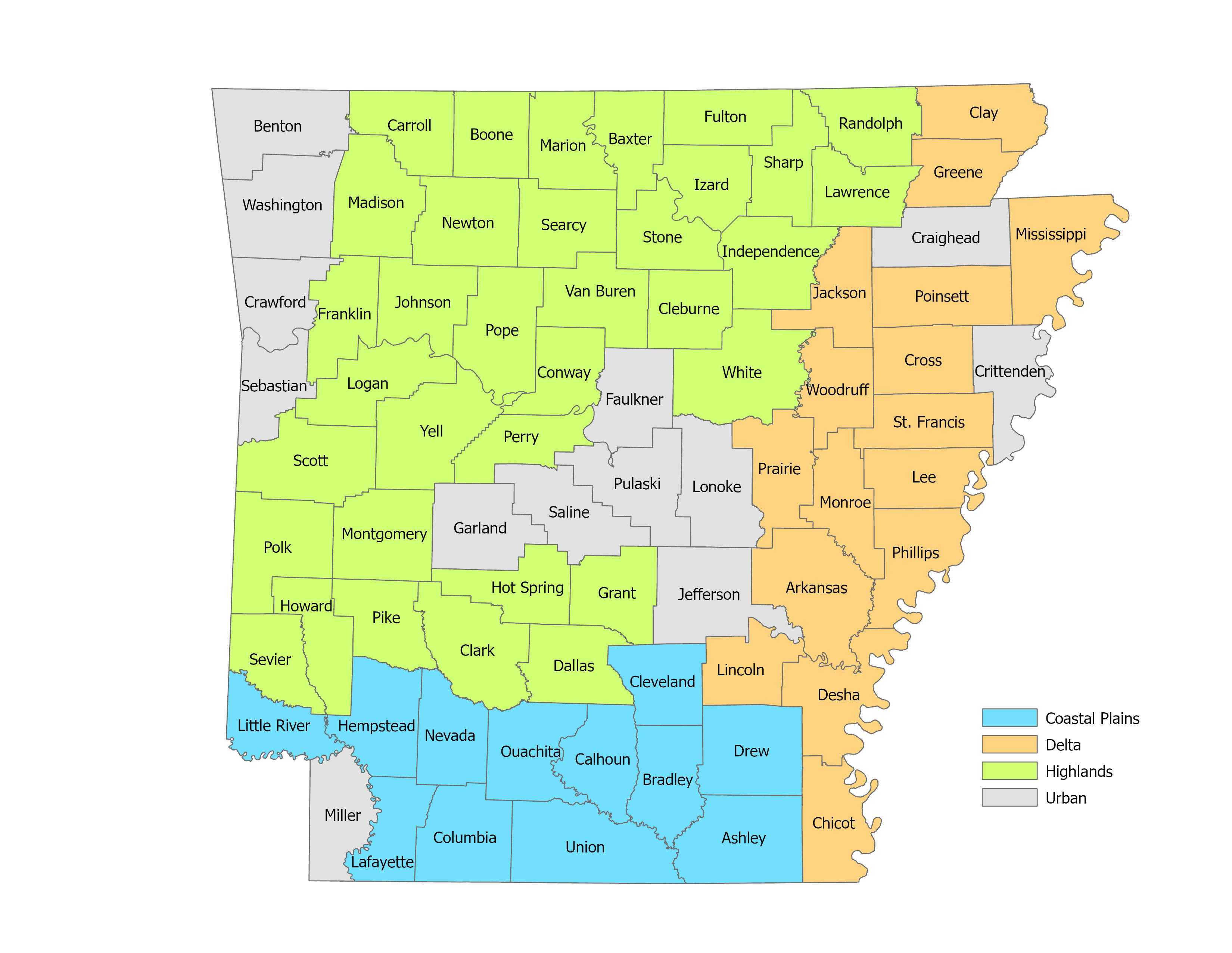 Map of Arkansas broken into Delta, Coastal Plain, Uban, and Highland areas