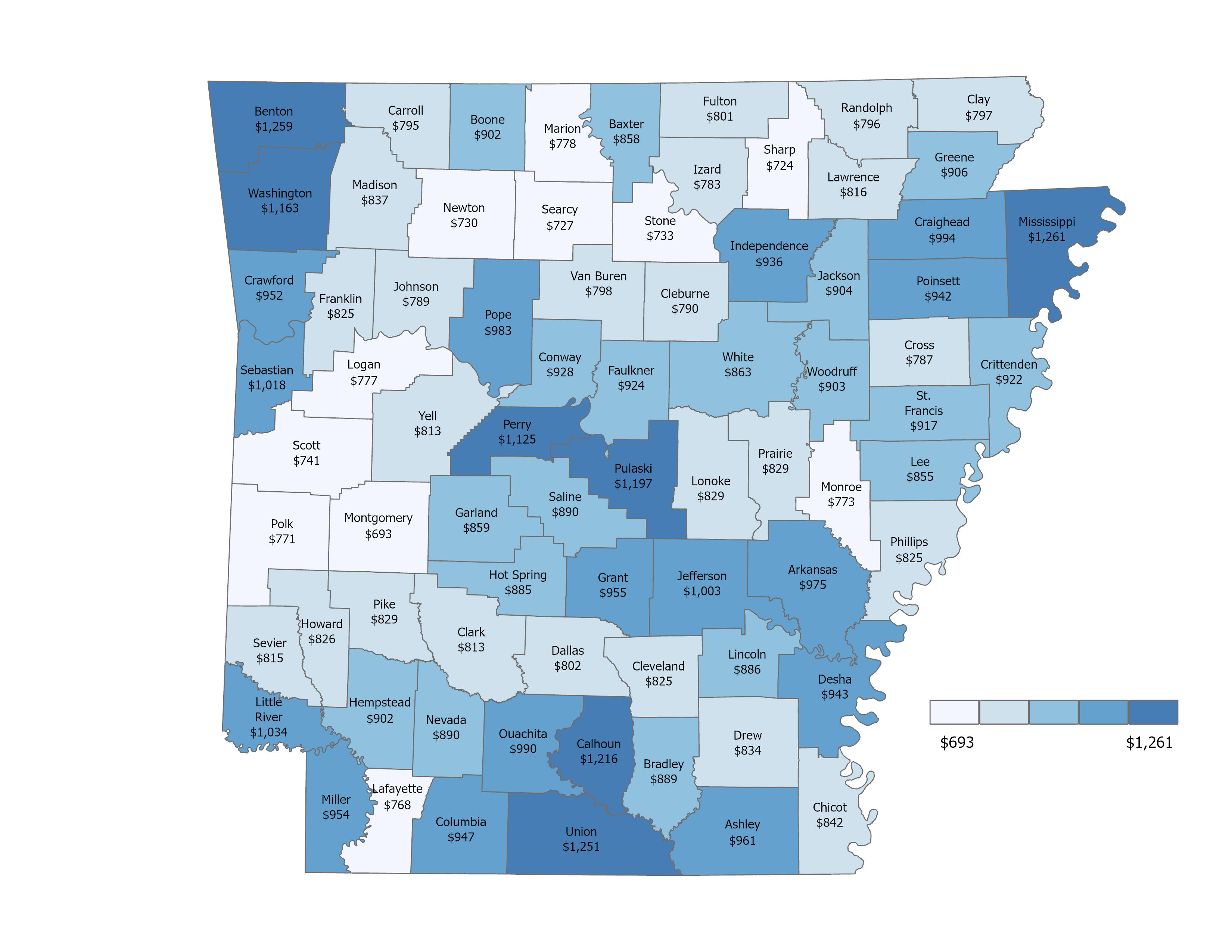 Figure 4. Average Weekly Wages by County in Arkansas, Fourth Quarter 2022 (U.S. Average = $1,385)
