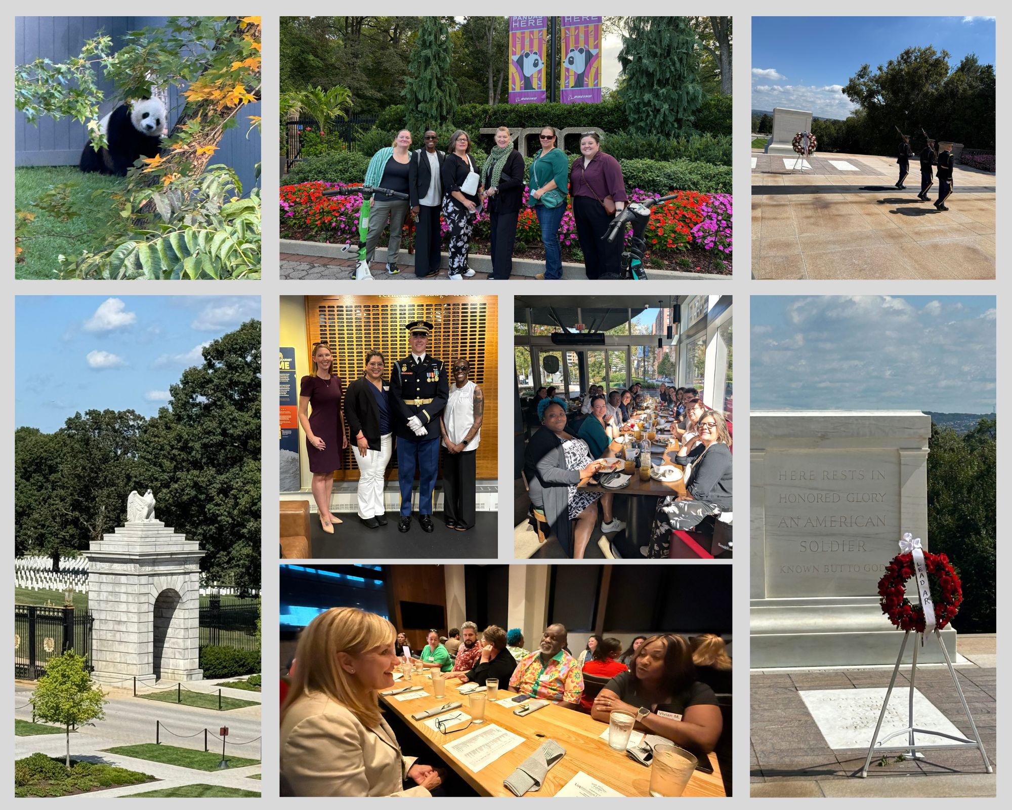 Photo collage of LeadAR National Study Tour participants including zoo, Arlingtion National Cemetery, meals
