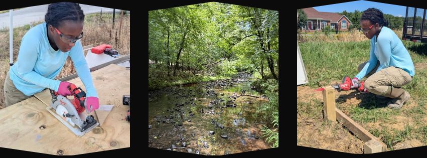 Photo collage of Marlee working outside and water stream