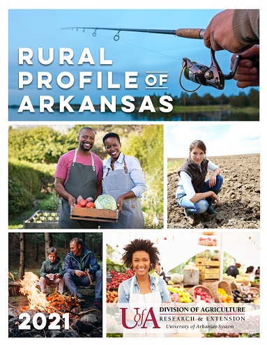 Picture of the Rural Profile of Arkansas cover art.  Includes pictures of a hand holding grain, a woman standing with her arms crossed in front of a farmers market, a man working with a length of wood at a sawmill, and a couple sitting front of a tent at a campsite.