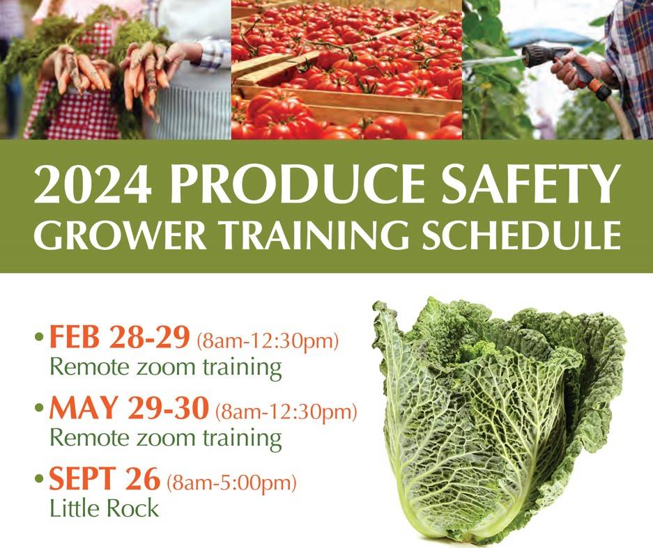 2024 Produce Safety Grower Training Schedule. February 28-29 8am-12:30pm via Zoom. May 29-30 8am-12:30pm via Zoom. September 26 8am-5pm in Little Rock