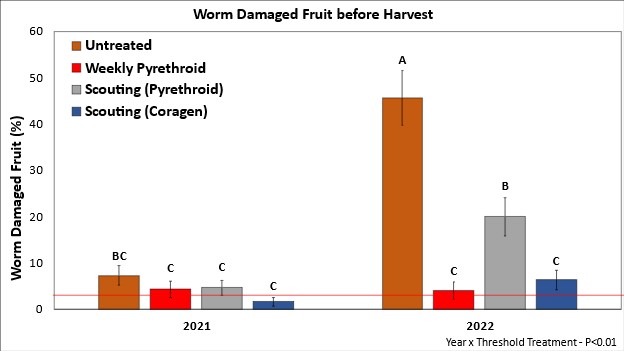 Figure 1 – 2021 and 2022 insecticide threshold data for tomato fruitworm at Hope, AR. Weekly pyrethroid plots were sprayed each week during fruiting (5-6 apps) while only 1 and 2 applications were made in 2021 and 2022 respectively for scouting based sprays. Scouting-based sprays were made at a threshold of 1 egg per 10 plants. The red line indicates a 3% fruit damage threshold that would warrant additional applications and is a good metric for economic losses. Based on these data, applying weekly pesticide applications for tomato fruitworm is not necessary and not sustainable. 1 to 2 well timed applications of a diamide (coragen) performed as good or better than weekly pyrethroid sprays. Pyrethroid resistance is present in Arkansas but may vary in impact from year-to-year. Pyrethroid-based thresholds are not likely to be effective and weekly sprays are likely to still yield unacceptable levels of escaped worms and fruit damage, while flaring other pests.