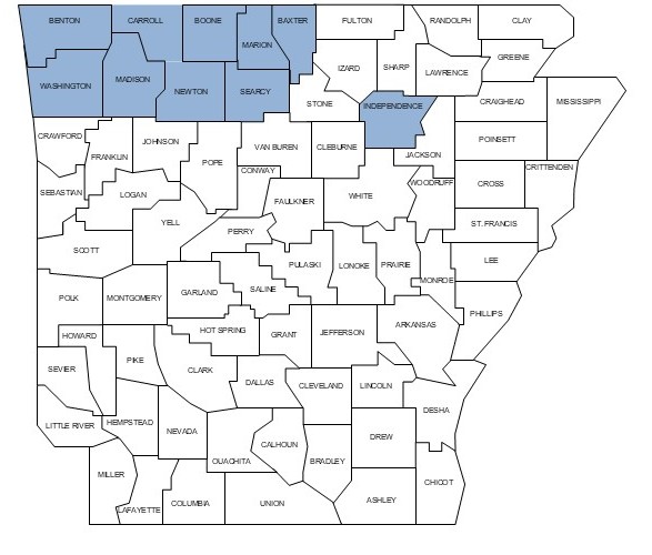 Arkansas counties with confirmed populations of Asian longhorned ticks, Haemaphysalis longicornis as of Nov. 5, 2025.
