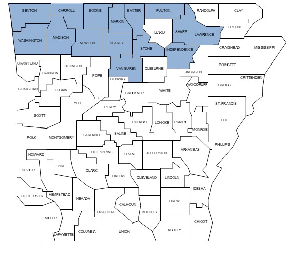 Arkansas counties with confirmed populations of Asian longhorned ticks, Haemaphysalis longicornis as of October 2026.