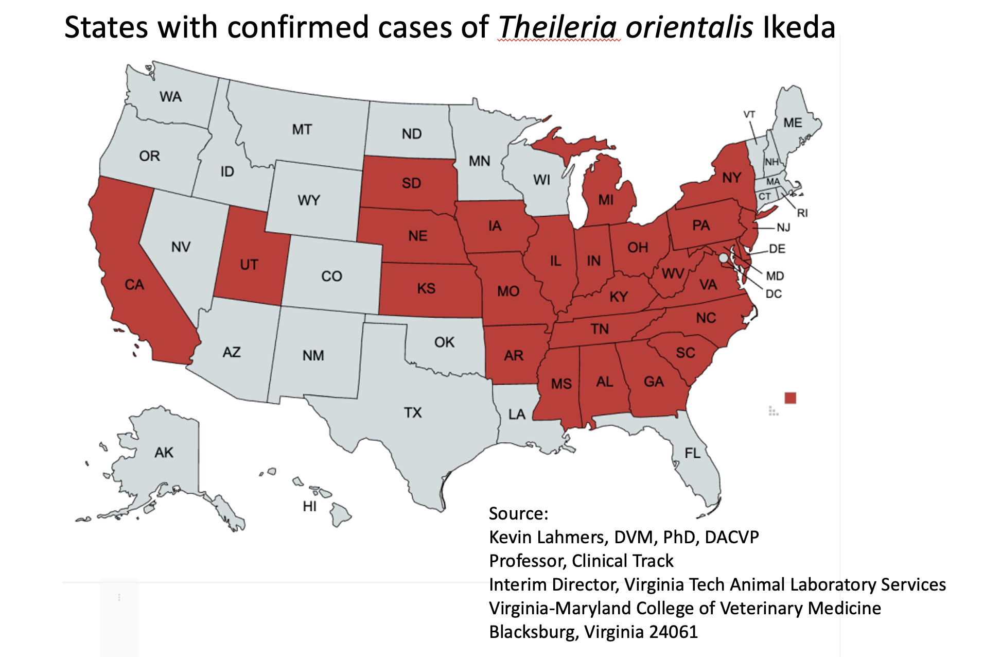 ALT-states-may-2026 US map showing confirmed cases of Theileria orientalis Ikeda
