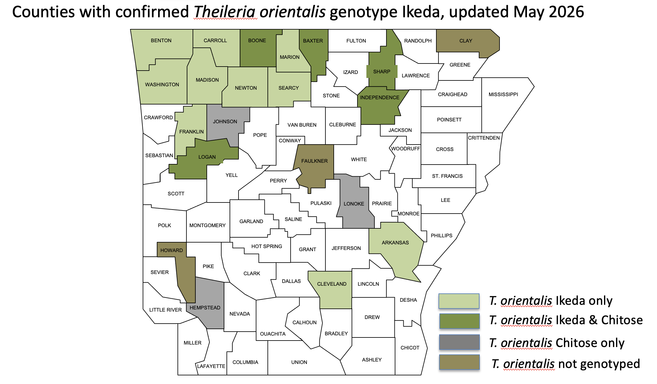 Arkansas counties with confirmed cases of Theileria orientalis Ikeda genotype in cattle as of May 2026.