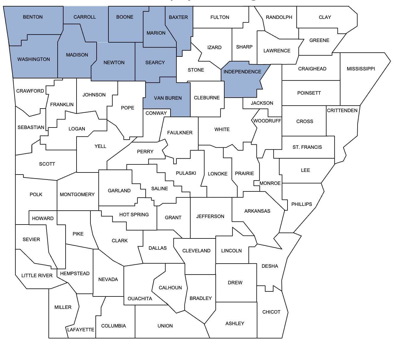 Arkansas counties with confirmed populations of Asian longhorned ticks, Haemaphysalis longicornis as of June 2026.