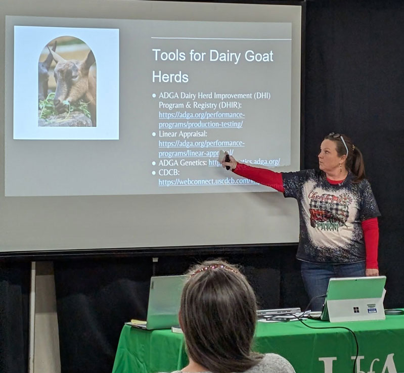 Woman speaking, pointing to a presentation