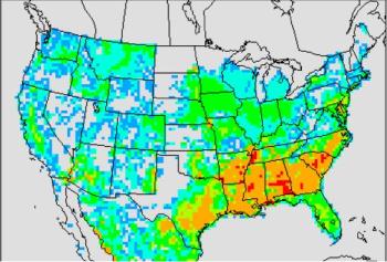 Map of the United States as an example of agrochemicals in evaluating the fate of their crops through research.