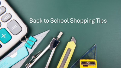 school supplies with title Back to School Shopping Tips