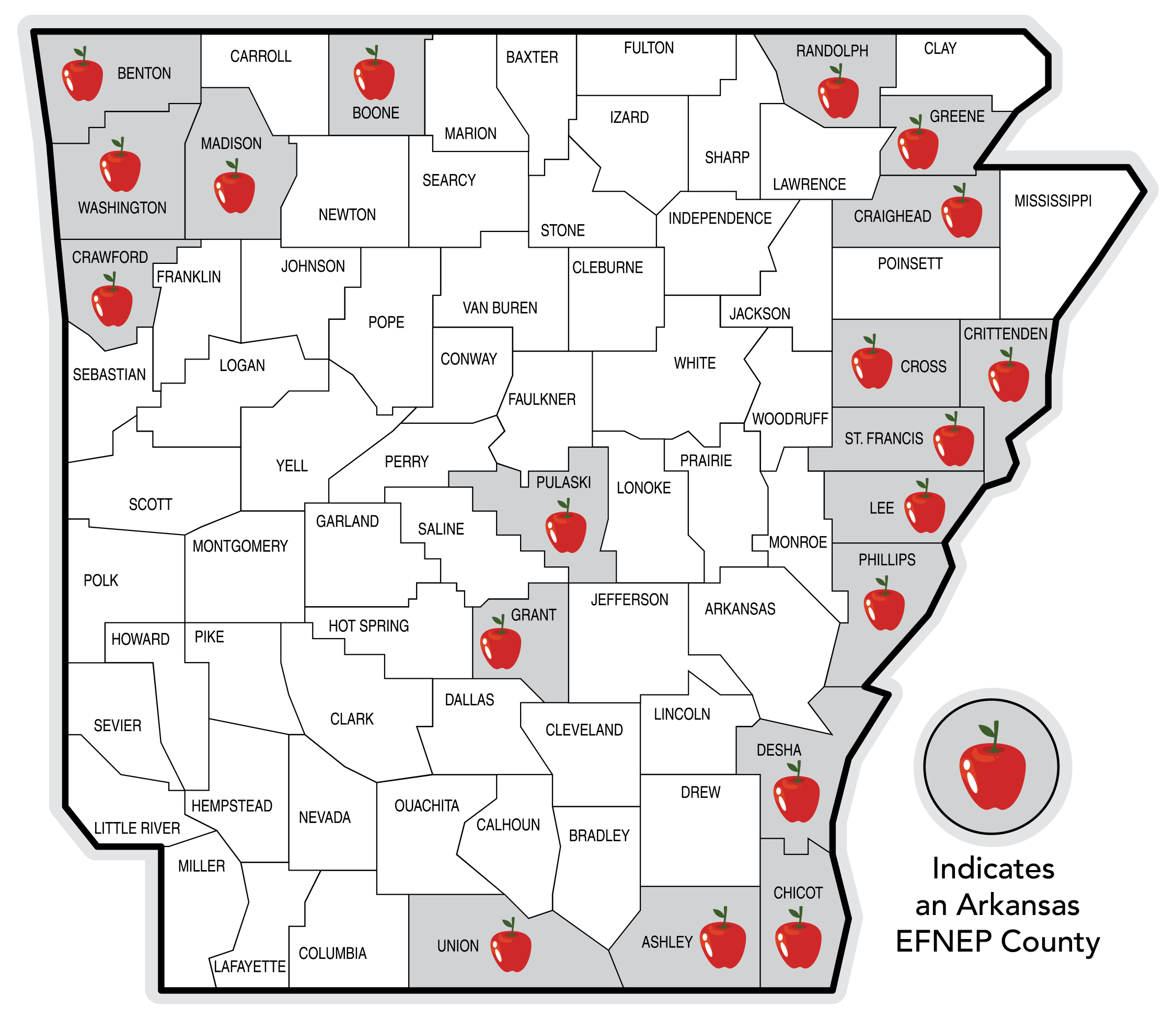 Arkansas Counties with EFNEP - Ashley, Benton, Boone, Crawford, Craighead, Crittenden, Cross, Desha, Chicot, Grant, Greene, Lee, Madison, Phillips, Pulaski, Randolph, St. Francis, Union, Washington