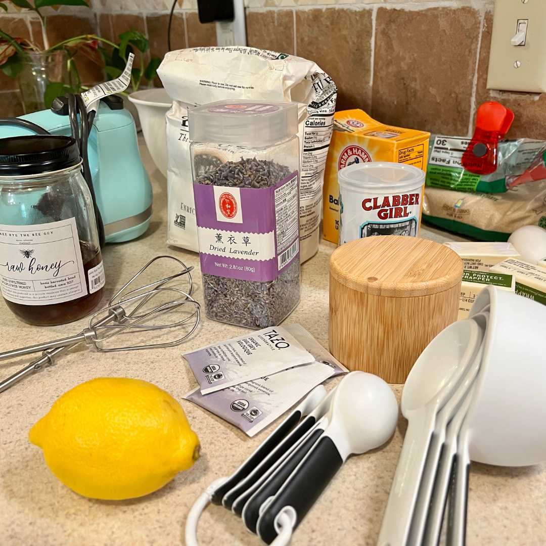 ingredients for tea cookies on a counter