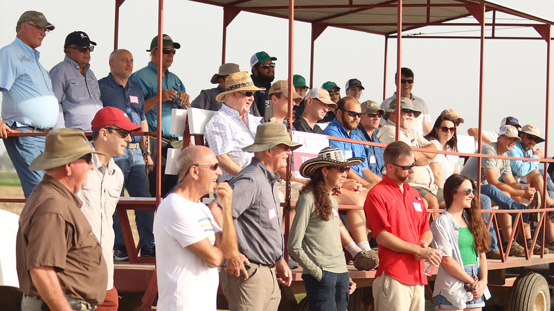 A group of people watch speakers at the 2024 Rice Field Day