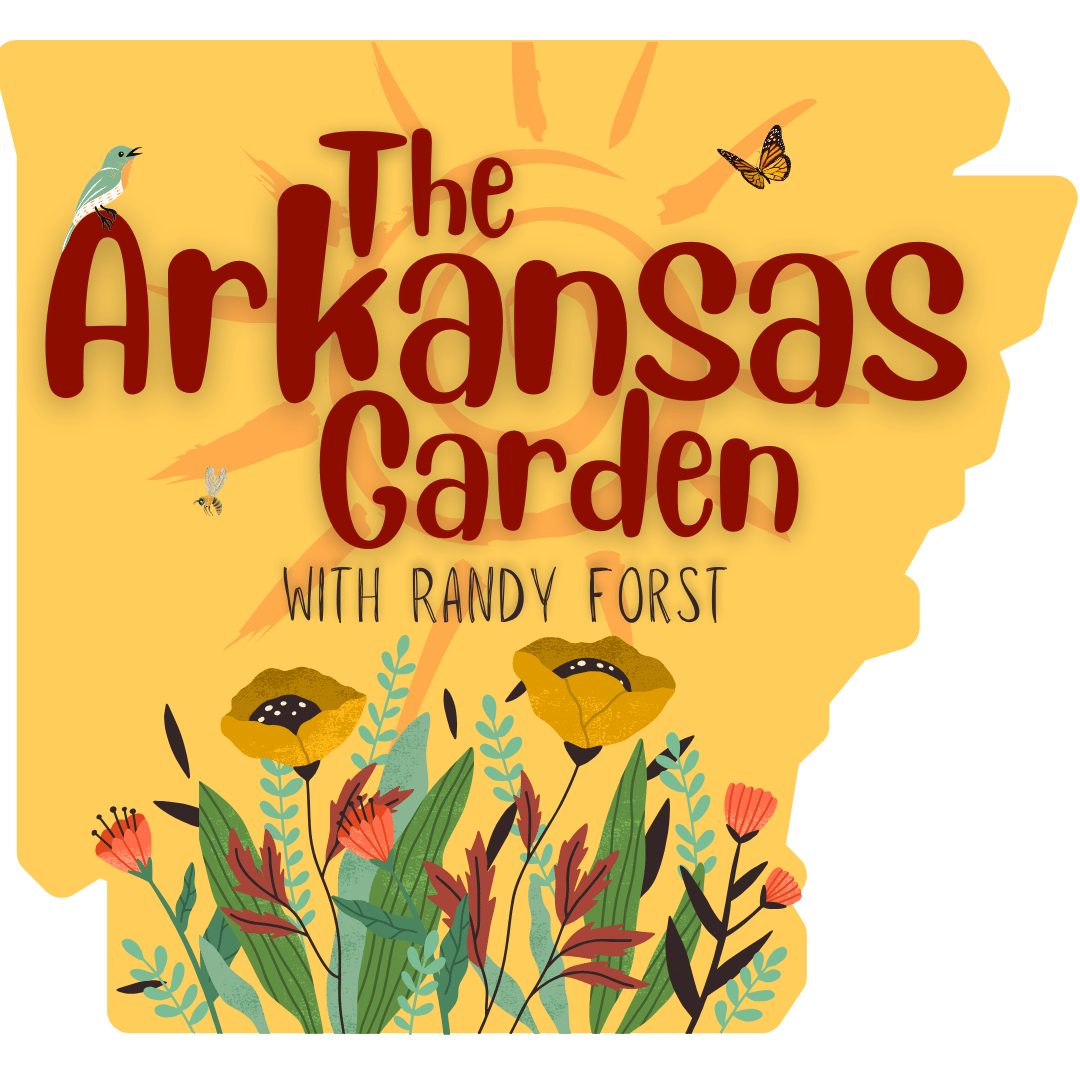 The Arkansas Garden logo - yellow shape of Arkansas with illustrations of gardening and name of blog