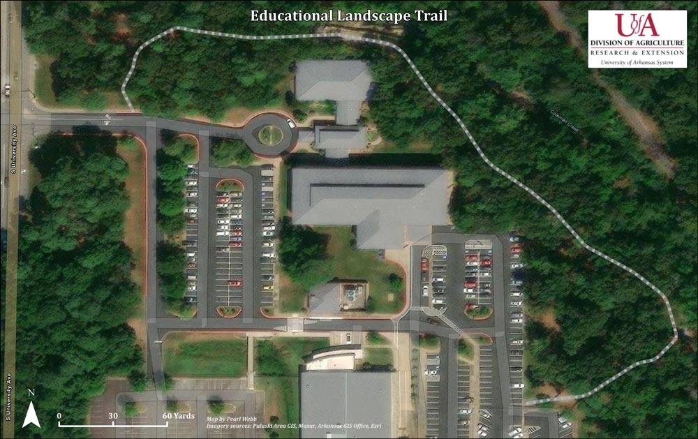 educational landscape trail map shows location in relation to office. Trail entrances are located at the back of the annex building and the other at the front of the main building drive
